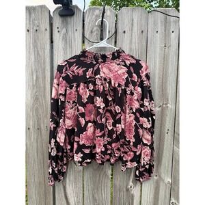 Boho Floral Smocked Mock Neck Lucky Brand Blouse Womens Large Black Pink